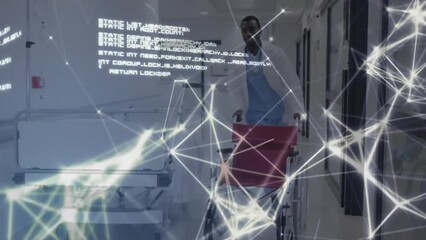 Sticker - Animation of network of connections and data processing over african american male doctor