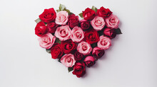 Red And Pink Roses In Heart Shape On White Background, Top View
