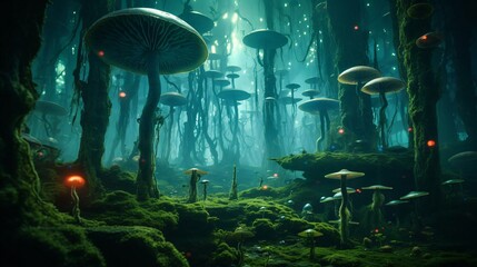 Wall Mural - a group of mushrooms in a forest