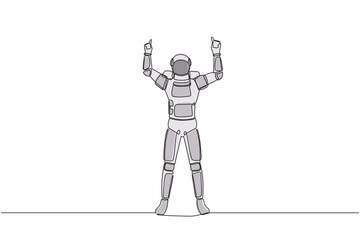 Sticker - Single continuous line drawing happy astronaut standing with both hand pointing index finger up. Celebrate winning spaceship competition. Cosmonaut deep space. One line draw design vector illustration