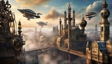 Bustling Cityscape With A Steampunk Theme. Include Intricate Clockwork Machiner