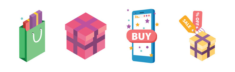 Sticker - Online Shopping with Gift Box, Smartphone and Bag Vector Set