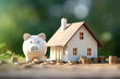 Saving money for residential real estate. A white piggy bank with stacks of money and a miniature new house model placed on a table isolated on a blurred background. Generative AI.