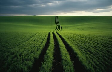 Wall Mural - A lush green field of crop with a track ambling through it.