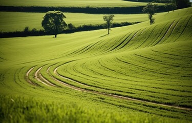 Wall Mural - A lush green field of crop with a track ambling through it.