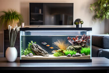 Modern Living Room With Large, Well-maintained Aquarium Full Of Tropical Fish, Natural Light, And Stylish Interior Design.