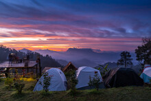 Morning Sunrise On The Mountain Doi Luang Chiang Dao, Take A Picture From Hadubi Viewpoint Of Chiang Mai, Thailand.
