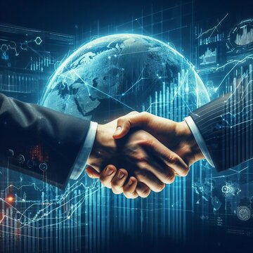 Businessmen handshake global stock market graph bar chart globe network connection links diagram background. Digital innovative technology internet communication agreement partnership teamwork concept