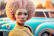 Retro fashion photography fusion of cars with female models posing as Asians afro British American 70's and 80's' colorful style retro style clothes
