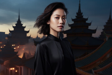 Wall Mural - Portrait of an elegant Asian young woman with a cityscape background