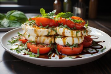 Wall Mural - Delicious caprese salad with ripe tomatoes mozzarella cheese and fresh basil leaves.