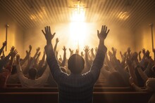 Church Worship Concept. Christians With Raised Hands Pray And Worship To The Cross In Church Building. Salvation, Gospel, Faith, Christian Easter, Good Friday