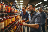 Fototapeta  - Two men looking at bottles of alcohol in a store.