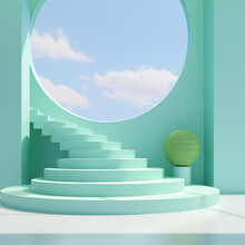 An Abstract Green Room With Stairs And Sky, In The Style Of Light Sky-blue And Emerald, Minimalist Stage Designs, Ceramic, Memphis Design, Outdoor Scenes - Generative AI