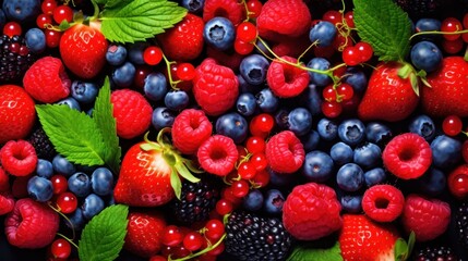 Wall Mural - Assortment of fresh berries and mint leaves. Organic food and nutrition.