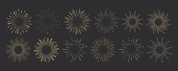 Sticker - Set golden Fireworks, rays, sunburst frames circle border decoration, sparkle in doodle style, line sketch explosion isolated on dark background.