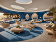 Luxury and opulence beach club / beach restaurant / beach bar in a rich futuristic retro design of the 1950s in all shades of blue with golden elements at a Tulum beachfront at day.