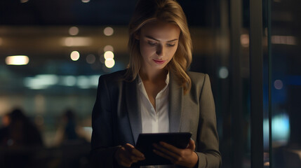 Wall Mural - Cropped shot of a young businesswoman working late on a digital tablet in an office - Generative AI