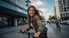 Smiling young woman riding bicycle in the city - Generative AI