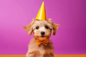 Wall Mural - dog wearing a party hat on an pink background, in the style of photorealistic,