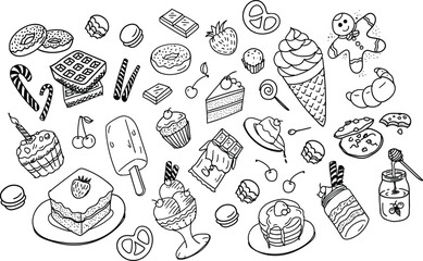 Wall Mural - Dessert doodle set, hand drawn sweet food stroke icons