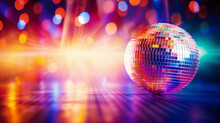 Disco Ball Sphere With Colorful Disco Lights For Party Nights , Wallpaper Background With Copy Space