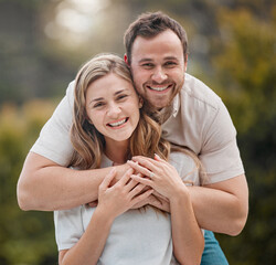 Wall Mural - Happy couple, hug and man with embrace with portrait in backyard, garden or outside for bonding. People, woman and husband with excitement for memory, nostalgia and together for care of relationship