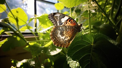 Wall Mural - A butterfly emerging from its chrysalis in a secluded garden