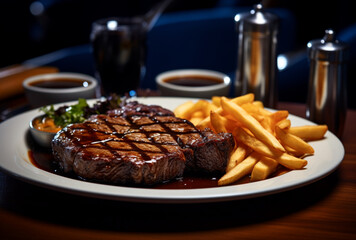 Wall Mural - Beef steak at the bar with chips and sauce. Ai generated Images