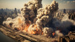 Image of a huge explosion with smoke and flames over cityscape background. Aerial view of a massive fire in the city.  Explosion, bombing, war, destruction. military actions, destruction of the city