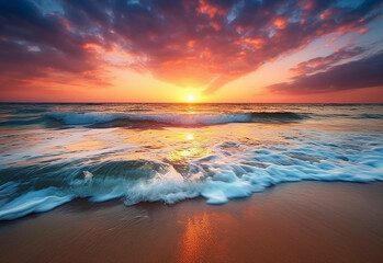 beautiful sunset over the sea with a view at coconut tree on the white beach