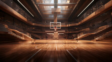 Inside of modern basketball arena with wooden court