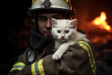 A Heroic Firefighter Saved A Cat From Fire. Fire On Background.