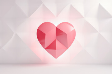 Wall Mural - Geometric polygonal volume pink heart on tender abstract background. Valentines day card. Concept of love, feelings, date, health and healthy life
