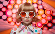 Fashion retro futuristic little girl on background with circle pop art background. Woman in sunglasses in surrealistic 60s-70s disco club culture life style.