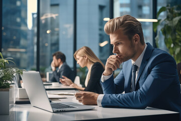 Aufkleber - Confident Businessman working at a desk in modern office next to window with big city view.