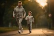 Father and son dressed in tracksuits running with morning light.