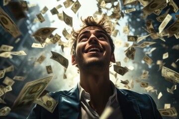 Wall Mural - Happy businessman stands under money falling like rain.