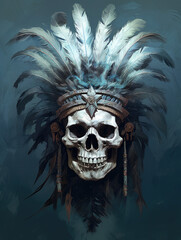 Wall Mural - Indian skull with feathered headdress. Digital painting style.