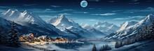 Mountain Landscape With Ski Resort In Lights At Night, Snow, Sky And Moon In Winter On Christmas.