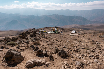 Wall Mural - Climbing on volcano Damavand in Elbrus mountain range, view of Camp Gusfand-Sara located at an altitude of 3200 meters above sea level, Iran