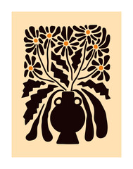 Fototapete - Floral wall art, poster in modern abstract style. Botanical natural card with wild field flowers in vase. Blossomed bouquet, wildflowers bunch silhouette, chamomiles. Flat vector illustration