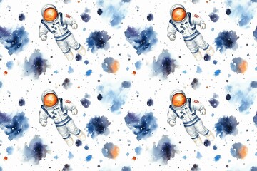 Wall Mural - seamless pattern of watercolor outer cosmos space with astronaut