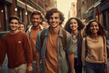 Fototapeta Fototapeta Londyn - Happy multiracial friends walking down the street. Friendship concept with multicultural young people on winter clothes having fun together
