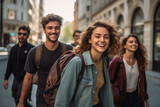 Fototapeta Londyn - Happy multiracial friends walking down the street. Friendship concept with multicultural young people on winter clothes having fun together