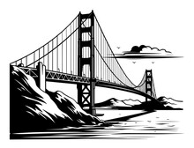 Golden Gate Bridge Across The Strait. San Francisco. Vector Illustration In Engraving Style. Stencil