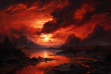 Wall Mural - a red sunset over a lake