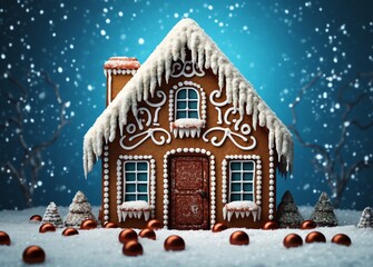 Poster - a gingerbread house in the snow