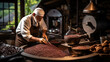 © Sudarshana - Wide horizontal photograph of an Arabic farmer working on traditional premium coffee quality checking and processing in a grinding mill