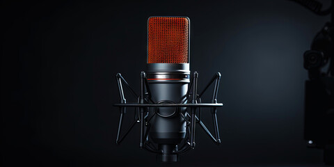 Wall Mural - Closeup of professional microphone with dark uniform backdrop. Generative AI